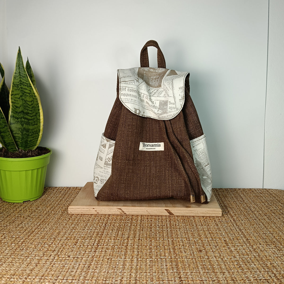 ELISA - Zaino fatto a mano da donna tessuto jacquard marrone- Prodotto artigianale