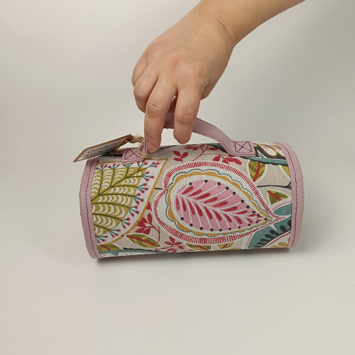 BEAUTY CASE - Da Viaggio Arrotolabile in Cotone Loneta Rosa Floreale - Prodotto artigianale