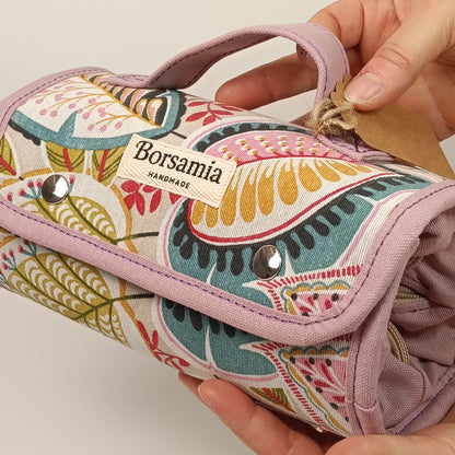 BEAUTY CASE - Da Viaggio Arrotolabile in Cotone Loneta Rosa Floreale - Prodotto artigianale