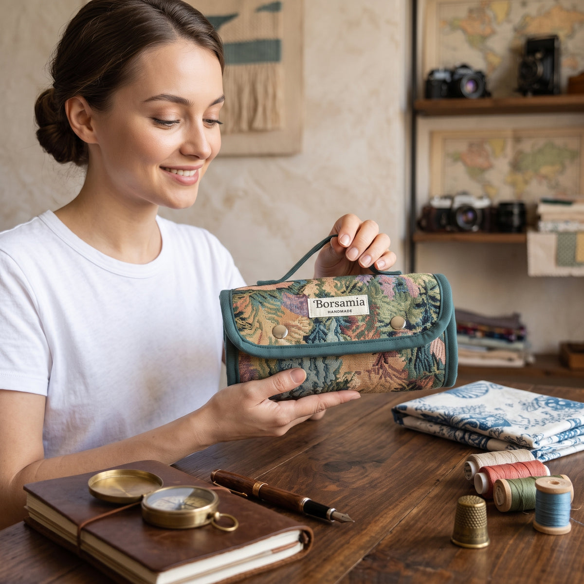 BEAUTY CASE -  Da Viaggio Arrotolabile in Gobelin Floreale Verde - Prodotto artigianale