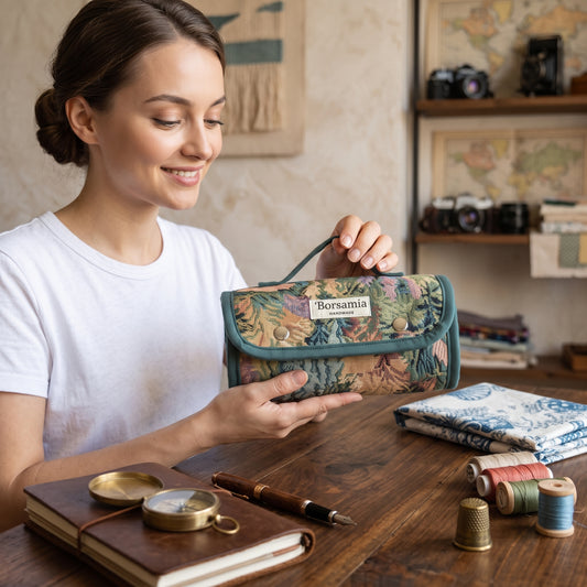 BEAUTY CASE -  Da Viaggio Arrotolabile in Gobelin Floreale Verde - Prodotto artigianale