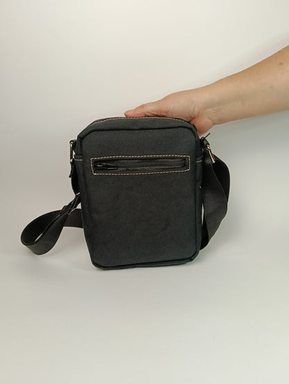 BORSELLO - Versione piccola - Tracolla Nero in Canvas con Impunture Beige - Borsello Artigianale