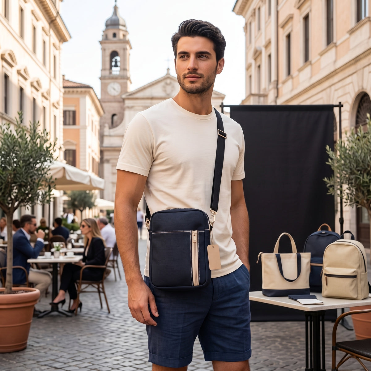 BORSELLO - Uomo in Canvas Nero - Borsa a Tracolla Multitasche con Dettagli Beige - Prodotto artigianale