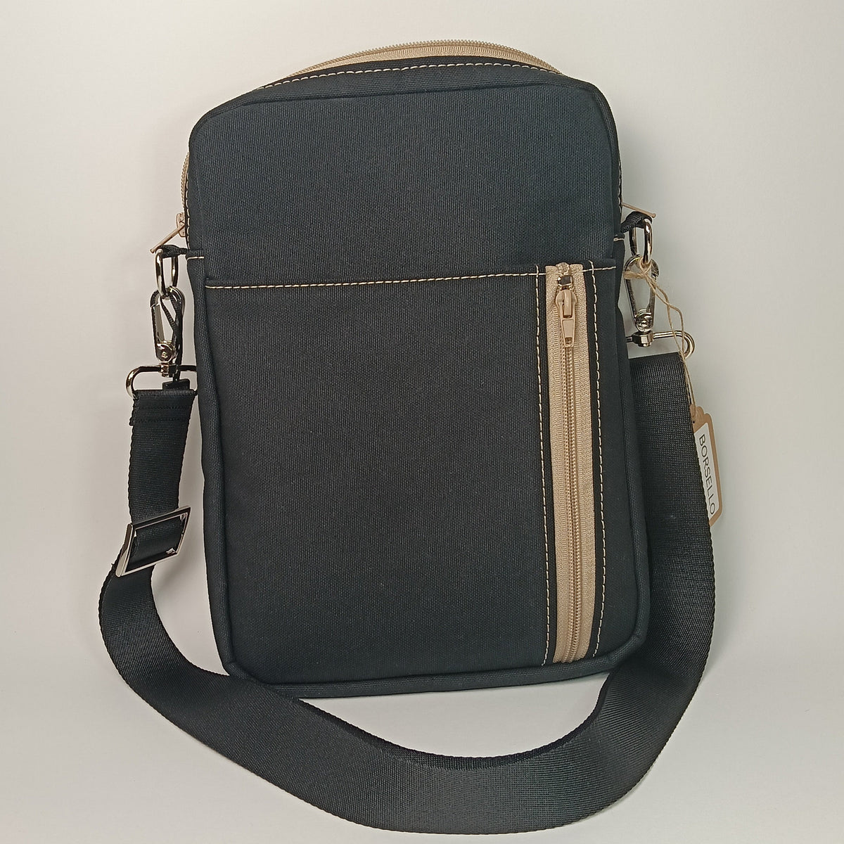 BORSELLO - Uomo in Canvas Nero - Borsa a Tracolla Multitasche con Dettagli Beige - Prodotto artigianale