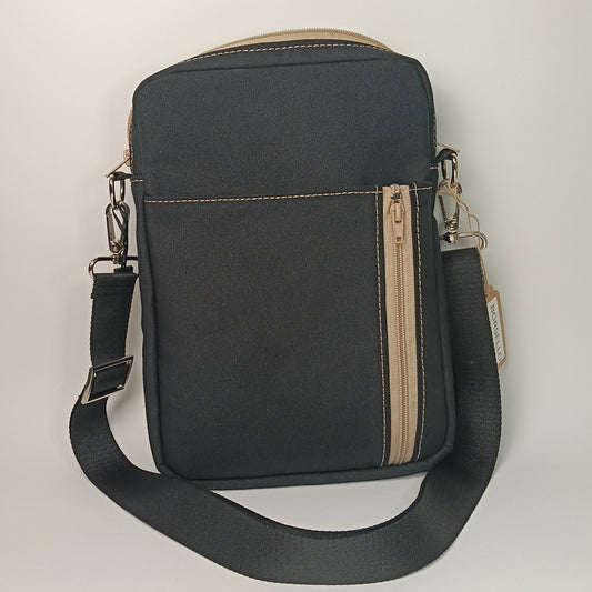BORSELLO - Uomo in Canvas Nero - Borsa a Tracolla Multitasche con Dettagli Beige - Prodotto artigianale