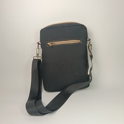 BORSELLO - Uomo in Canvas Nero - Borsa a Tracolla Multitasche con Dettagli Beige - Prodotto artigianale