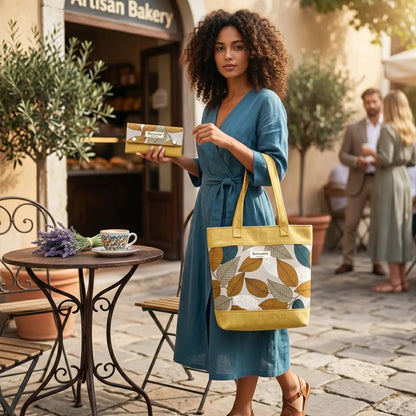 ANITA - Borsa tote bag fatta a mano tessuto jacquard giallo e tessuto stampato - Prodotto artigianale