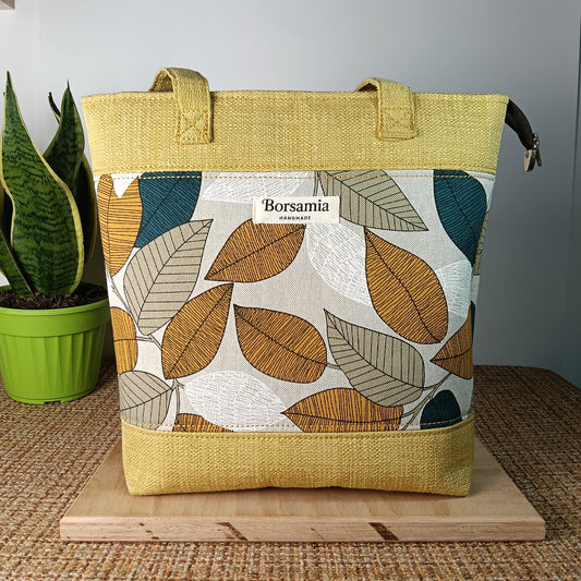 ANITA - Borsa tote bag fatta a mano tessuto jacquard giallo e tessuto stampato - Prodotto artigianale