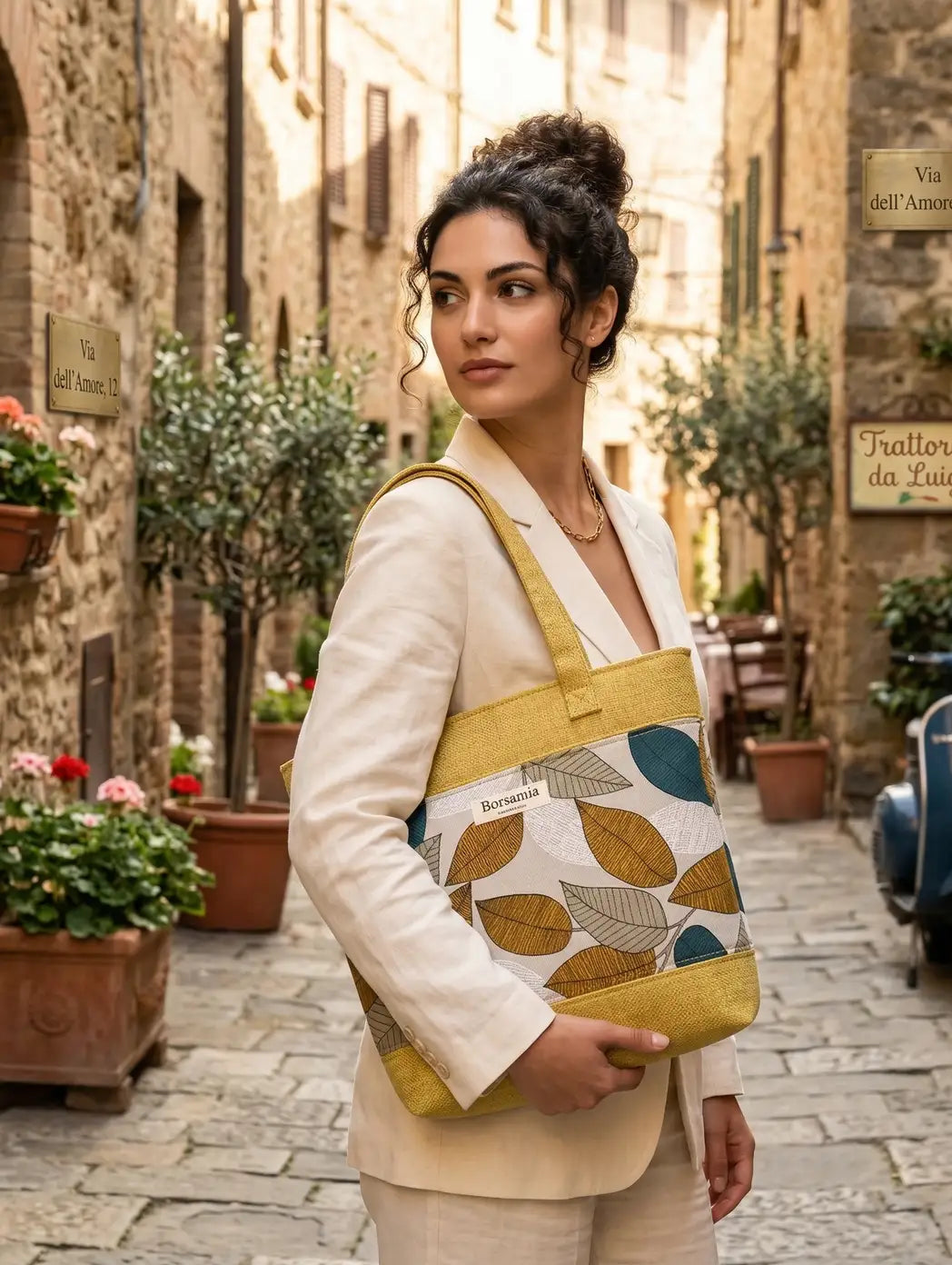 ANITA - Borsa tote bag fatta a mano tessuto jacquard giallo e tessuto stampato - Prodotto artigianale