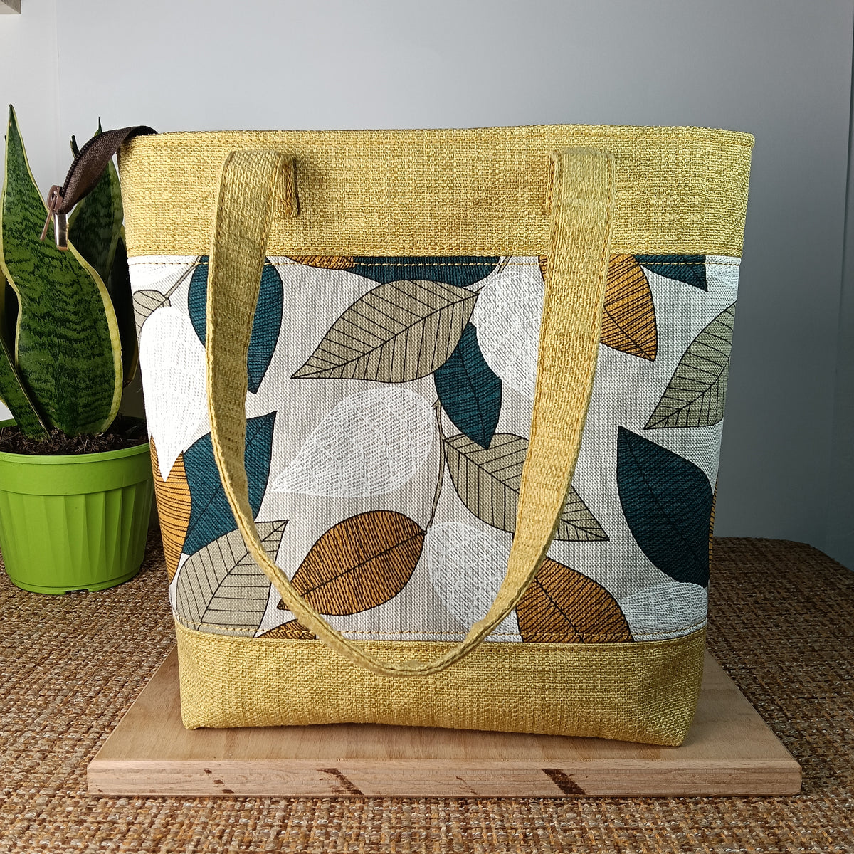 ANITA - Borsa tote bag fatta a mano tessuto jacquard giallo e tessuto stampato - Prodotto artigianale