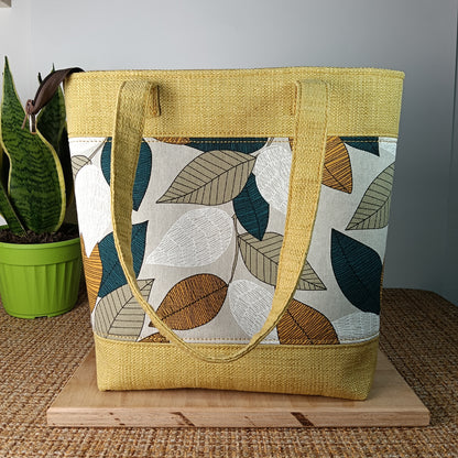 ANITA - Borsa tote bag fatta a mano tessuto jacquard giallo e tessuto stampato - Prodotto artigianale