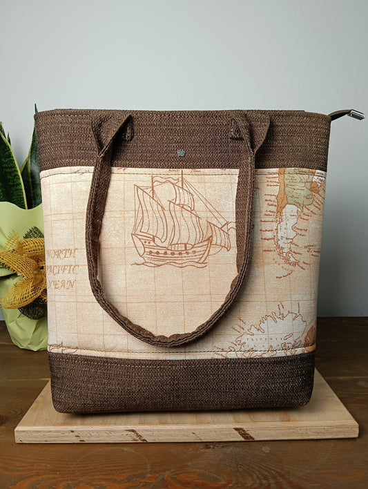 ANITA - Borsa tote bag fatta a mano tessuto stampato mappa antica - Prodotto artigianale