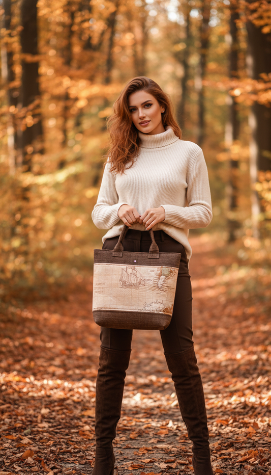 ANITA - Borsa tote bag fatta a mano tessuto stampato mappa antica - Prodotto artigianale