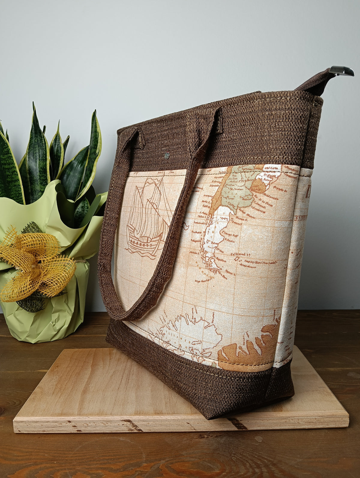 ANITA - Borsa tote bag fatta a mano tessuto stampato mappa antica - Prodotto artigianale