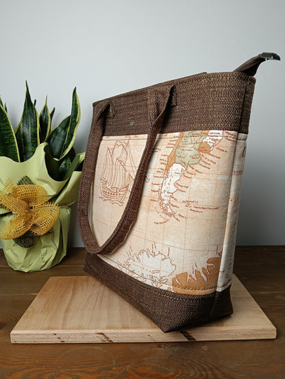 ANITA - Borsa tote bag fatta a mano tessuto stampato mappa antica - Prodotto artigianale