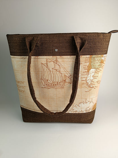 ANITA - Borsa tote bag fatta a mano tessuto stampato mappa antica - Prodotto artigianale