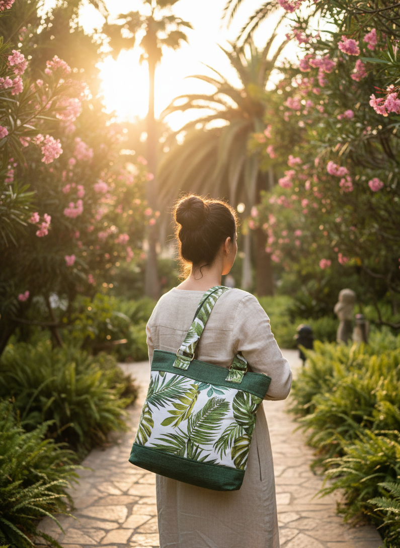 ANITA - Borsa tote bag fatta a mano tessuto jacquard e stampa natura - Prodotto artigianale
