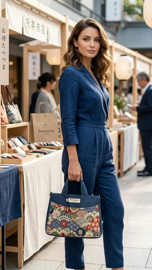 ESTER - Borsa strutturata fatta a mano in tessuto jacquard onde giapponesi- Prodotto artigianale
