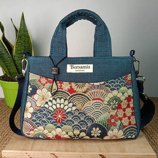 ESTER - Borsa strutturata fatta a mano in tessuto jacquard onde giapponesi- Prodotto artigianale
