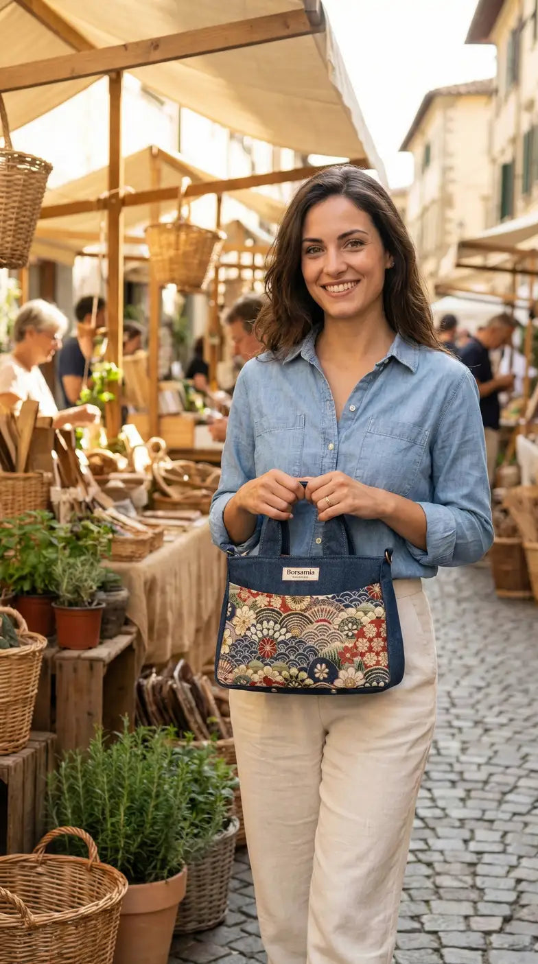ESTER - Borsa strutturata fatta a mano in tessuto jacquard onde giapponesi- Prodotto artigianale