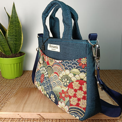 ESTER - Borsa strutturata fatta a mano in tessuto jacquard onde giapponesi- Prodotto artigianale