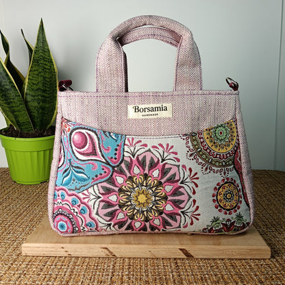 ESTER - Borsa strutturata fatta a mano tessuto jacquard rosa - Prodotto artigianale