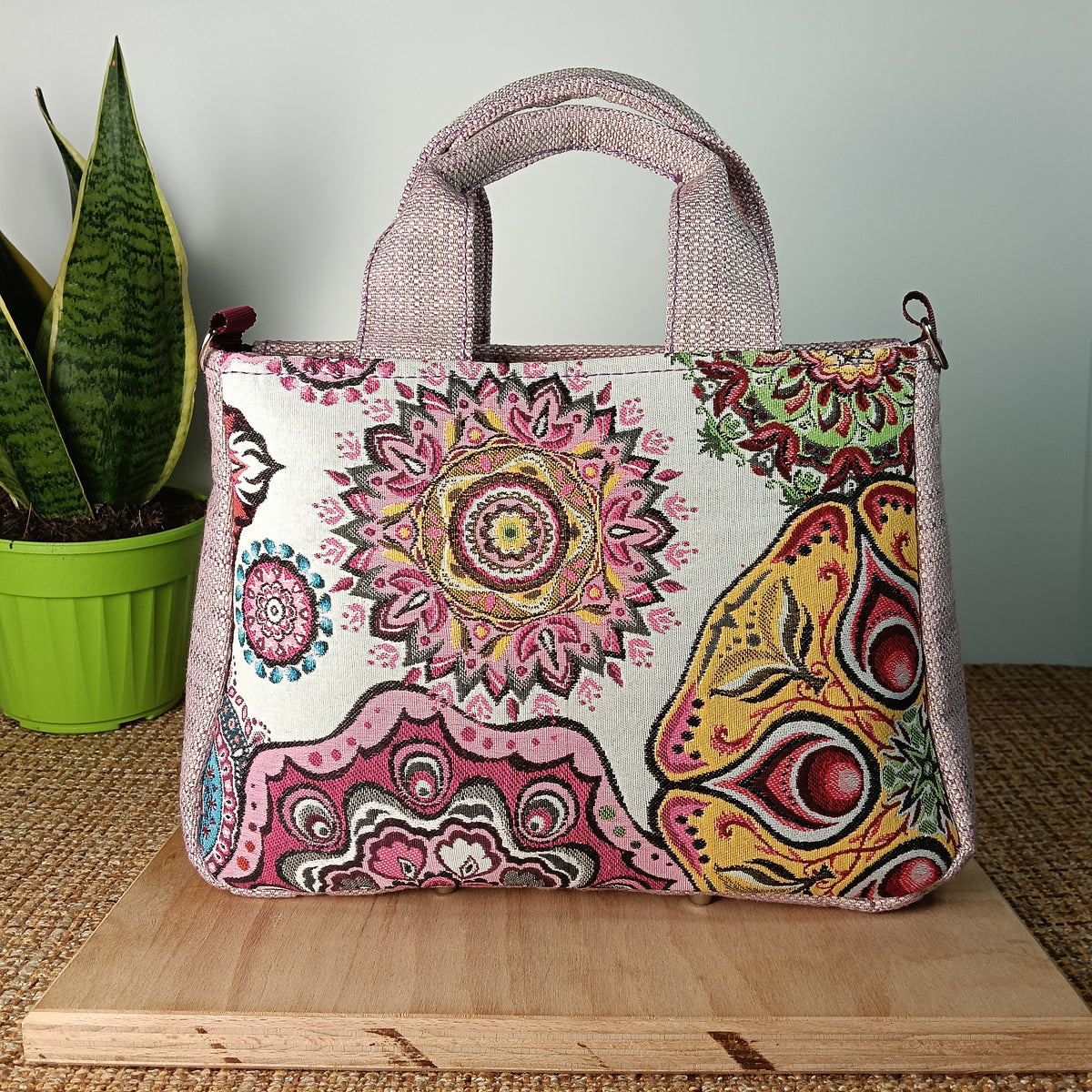 ESTER - Borsa strutturata fatta a mano tessuto jacquard rosa - Prodotto artigianale