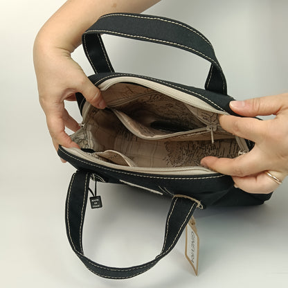 GINEVRA - Borsa a Mano in Canvas Nero con Fodera Mappa Vintage - Prodotto artigianale
