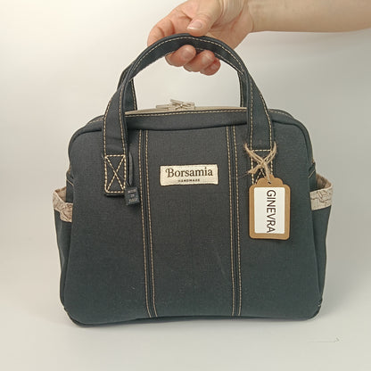 GINEVRA - Borsa a Mano in Canvas Nero con Fodera Mappa Vintage - Prodotto artigianale