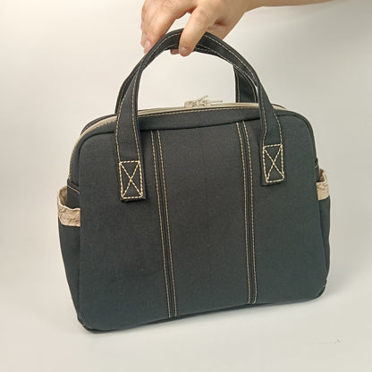 GINEVRA - Borsa a Mano in Canvas Nero con Fodera Mappa Vintage - Prodotto artigianale