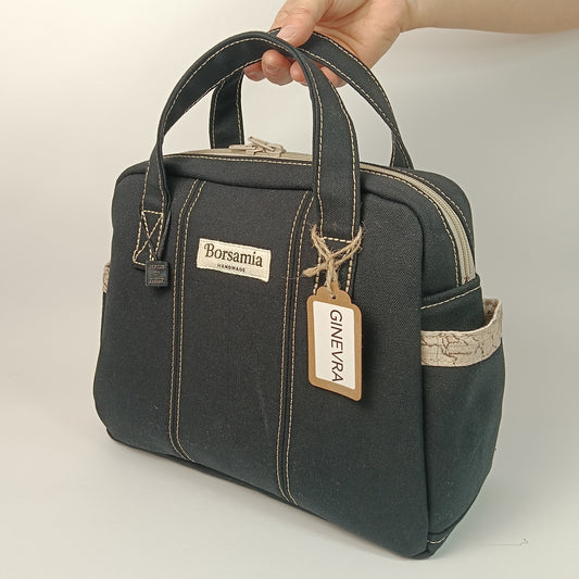 GINEVRA - Borsa a Mano in Canvas Nero con Fodera Mappa Vintage - Prodotto artigianale