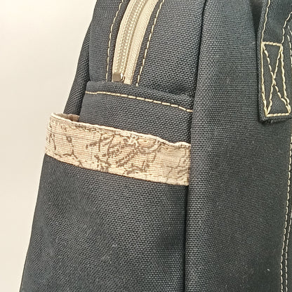 GINEVRA - Borsa a Mano in Canvas Nero con Fodera Mappa Vintage - Prodotto artigianale