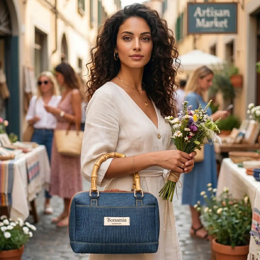 PAOLA - Borsa bauletto fatta a mano in tessuto jacquard colore petrolio - Prodotto artigianale