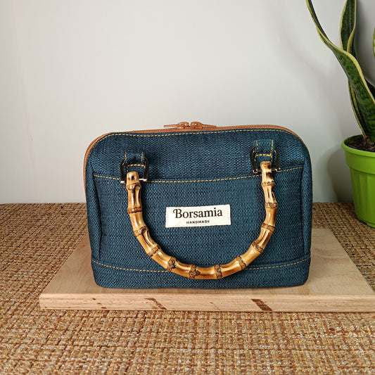 PAOLA - Borsa bauletto fatta a mano in tessuto jacquard colore petrolio - Prodotto artigianale