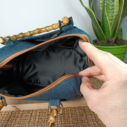 PAOLA - Borsa bauletto fatta a mano in tessuto jacquard colore petrolio - Prodotto artigianale