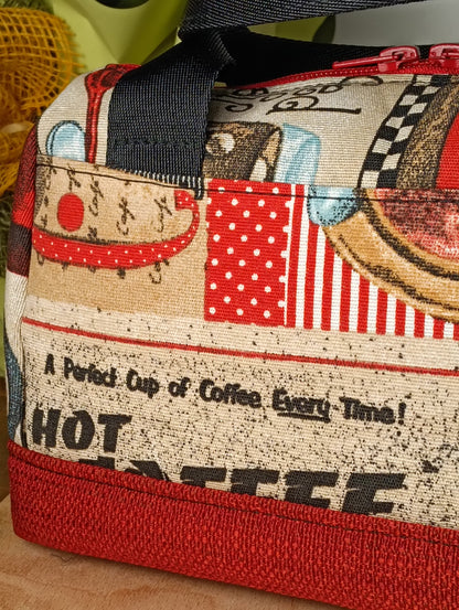PAOLA - Borsa bauletto fatta a mano con tessuto stampato caffè - Prodotto artigianale