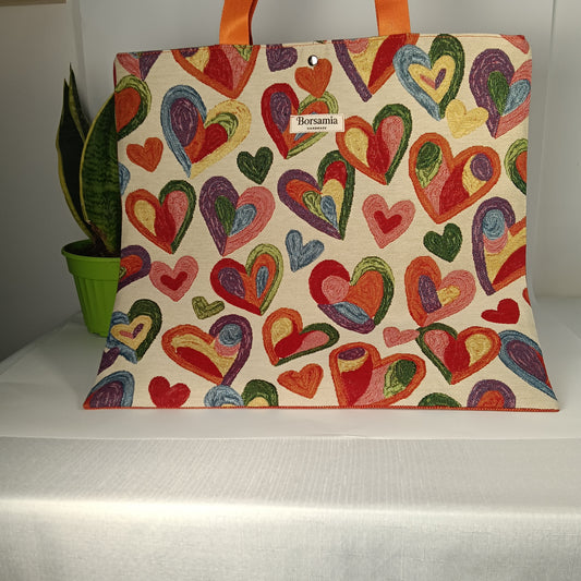 SUMMER  - Shopper stoffa cuori borsa cotone e jacquard grande a spalla