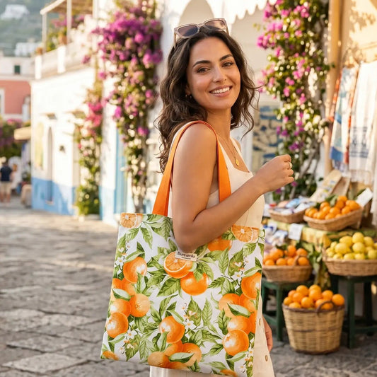 SUMMER  - Shopper stoffa arance borsa cotone e jacquard grande a spalla versione small