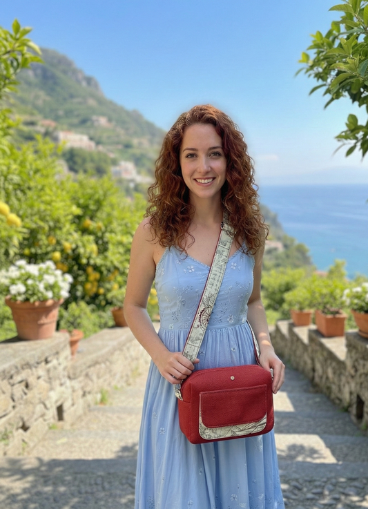CELESTE - Borsa a tracolla da donna fatta a mano stoffa jacquard rossa- Prodotto artigianale