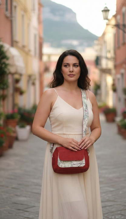 CELESTE - Borsa a tracolla da donna fatta a mano stoffa jacquard rossa- Prodotto artigianale