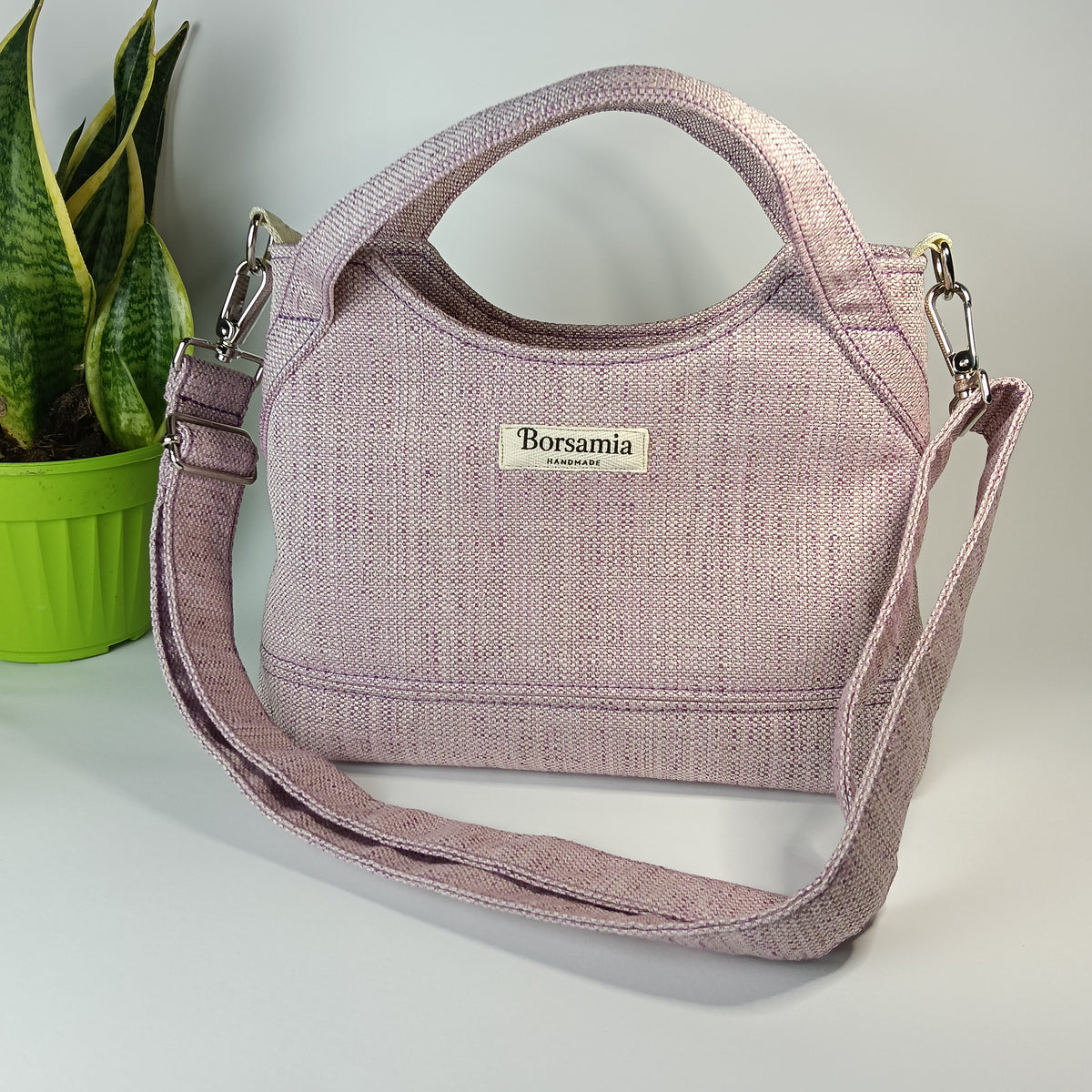 ELEONORA - Borsa a mano con tracolla fatta a mano tessuto jacquard rosa e fodera cotone - Prodotto artigianale