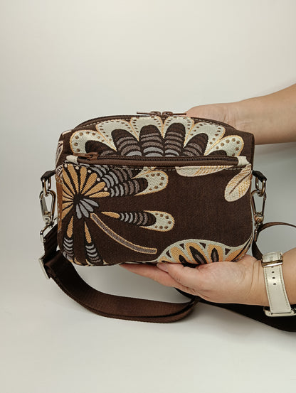 CELESTE - Borsa a Tracolla Marrone in Jacquard Gobelin Motivo Foglie - Prodotto artigianale