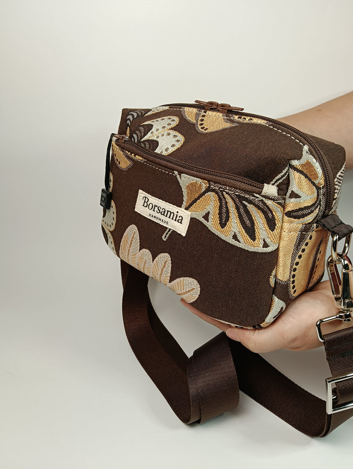 CELESTE - Borsa a Tracolla Marrone in Jacquard Gobelin Motivo Foglie - Prodotto artigianale