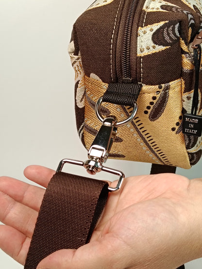 CELESTE - Borsa a Tracolla Marrone in Jacquard Gobelin Motivo Foglie - Prodotto artigianale