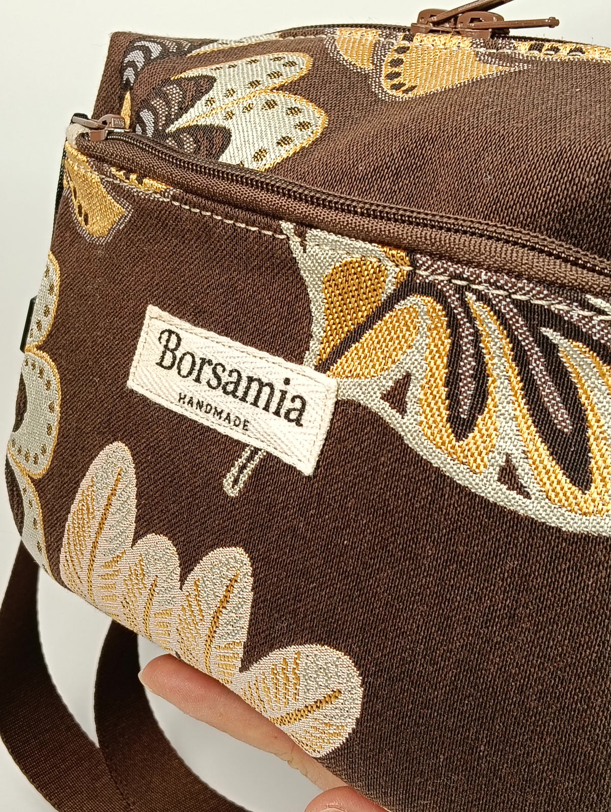 CELESTE - Borsa a Tracolla Marrone in Jacquard Gobelin Motivo Foglie - Prodotto artigianale