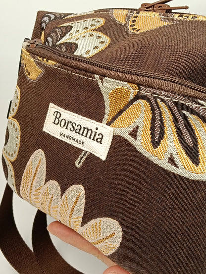 CELESTE - Borsa a Tracolla Marrone in Jacquard Gobelin Motivo Foglie - Prodotto artigianale