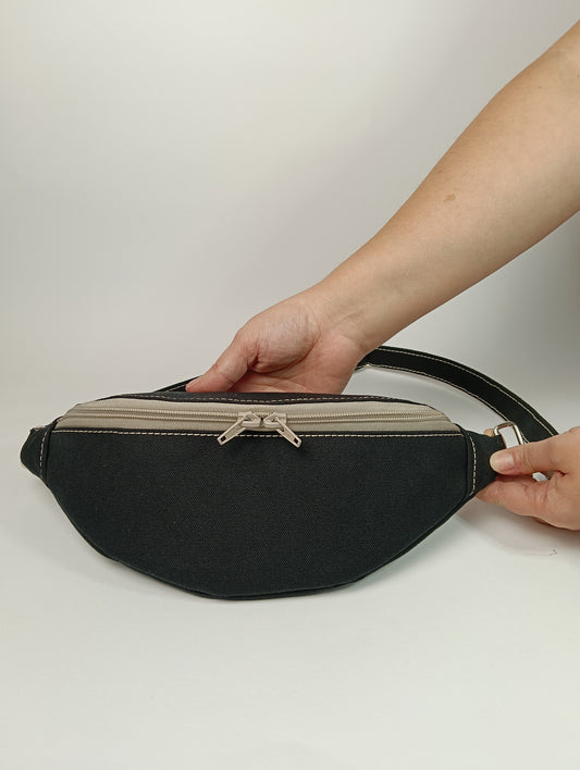 MARSUPIO - Unisex Nero in Canvas con Zip Beige - Marsupio Artigianale