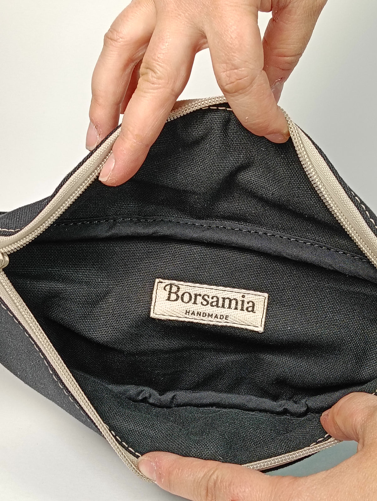 MARSUPIO - Unisex Nero in Canvas con Zip Beige - Marsupio Artigianale