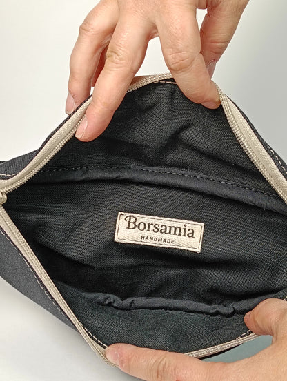 MARSUPIO - Unisex Nero in Canvas con Zip Beige - Marsupio Artigianale