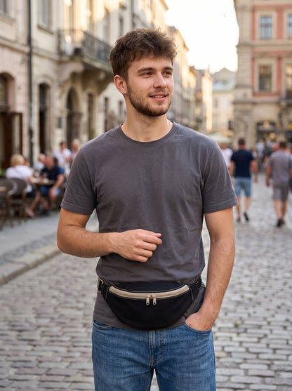 MARSUPIO - Unisex Nero in Canvas con Zip Beige - Marsupio Artigianale